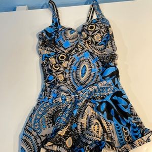 1 piece blue design swimsuit with connected swim shorts